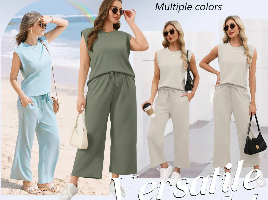 🌺2025 Neu eingetroffen🌺2025 Neue Frauen Casual Cap Sleeve Top Wide Leg Crop Pants Zweiteilige Sets