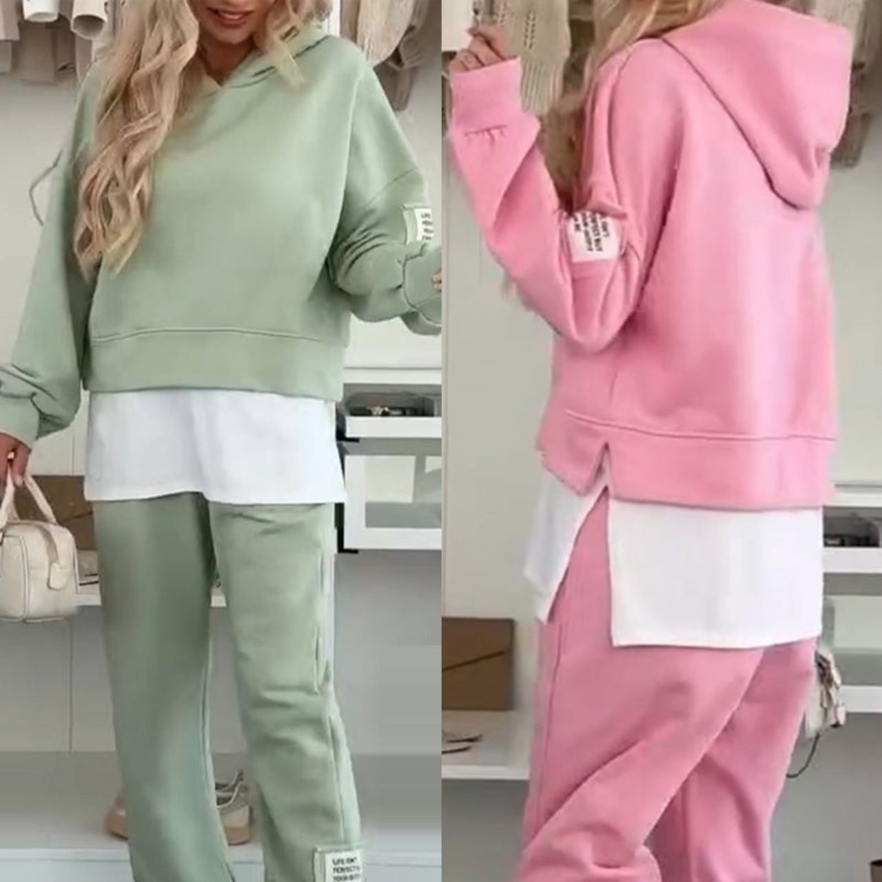 🍂Herbstrabatt 50 %✨🩷Lässiger Sweatshirt-Anzug mit Kapuze und Patchwork für Damen