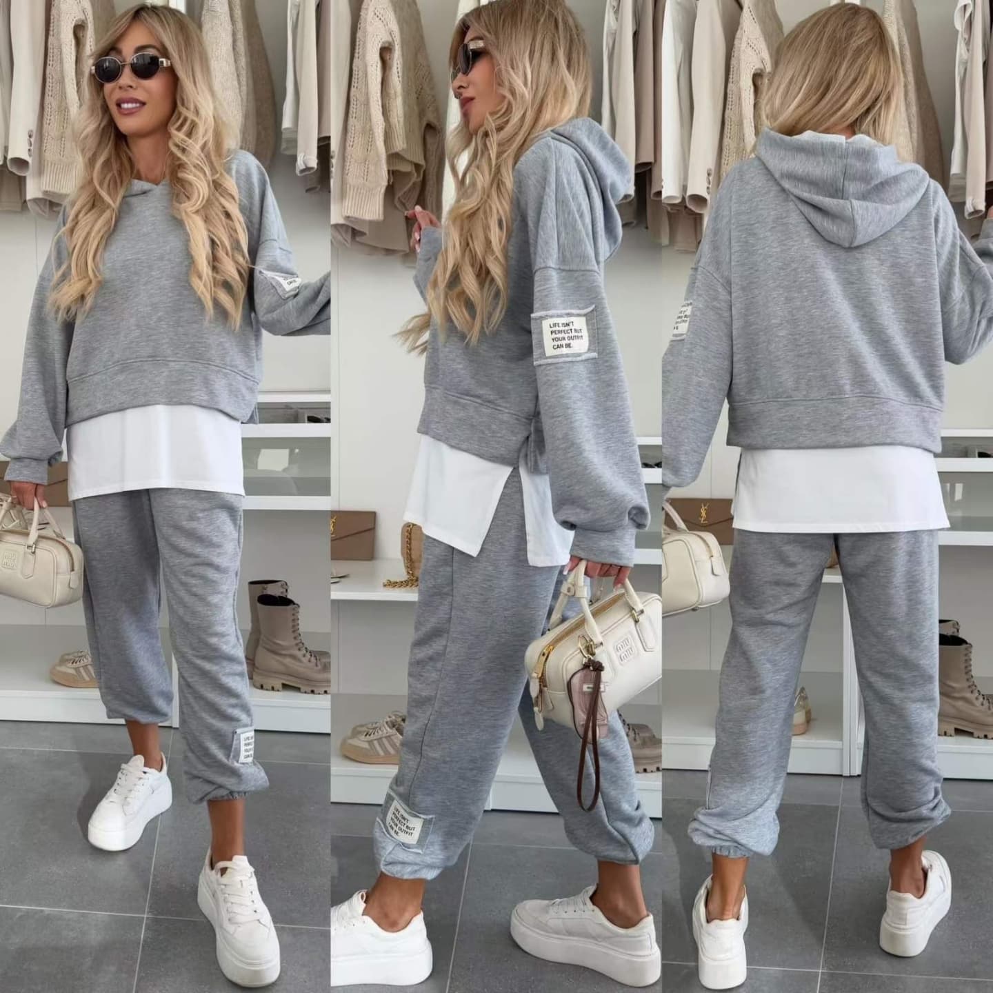 🍂Herbstrabatt 50 %✨🩷Lässiger Sweatshirt-Anzug mit Kapuze und Patchwork für Damen