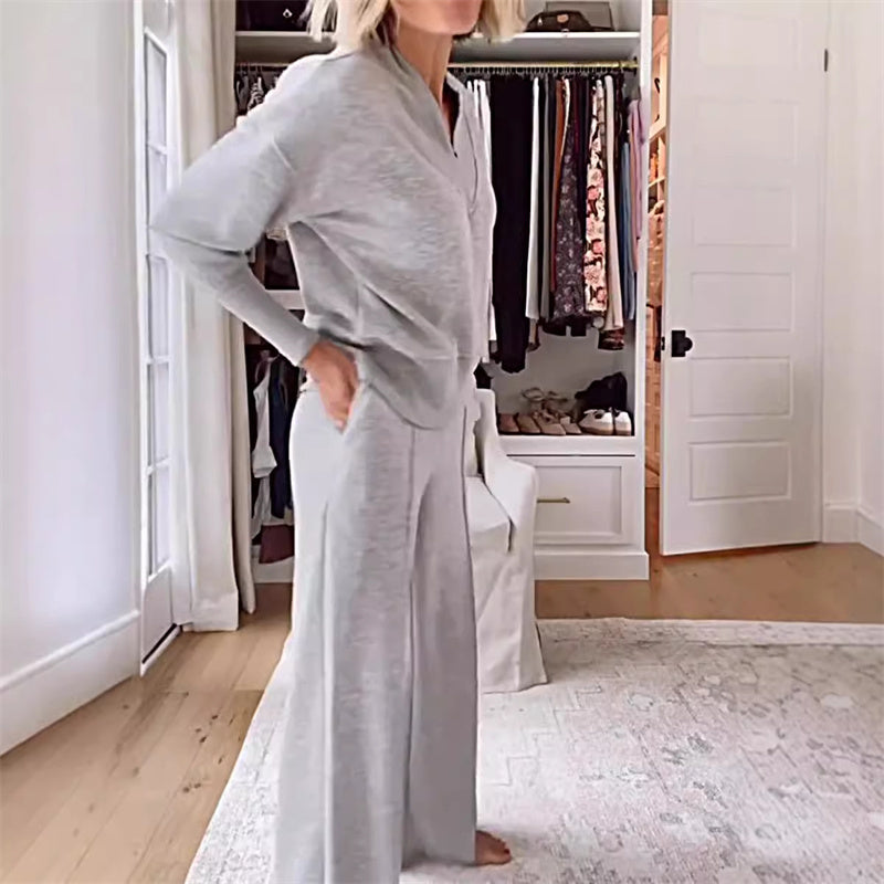🎉50 % RABATT🥳Zweiteiliges Set aus Oberteil und Hose mit V-Ausschnitt in Volltonfarbe für Damen