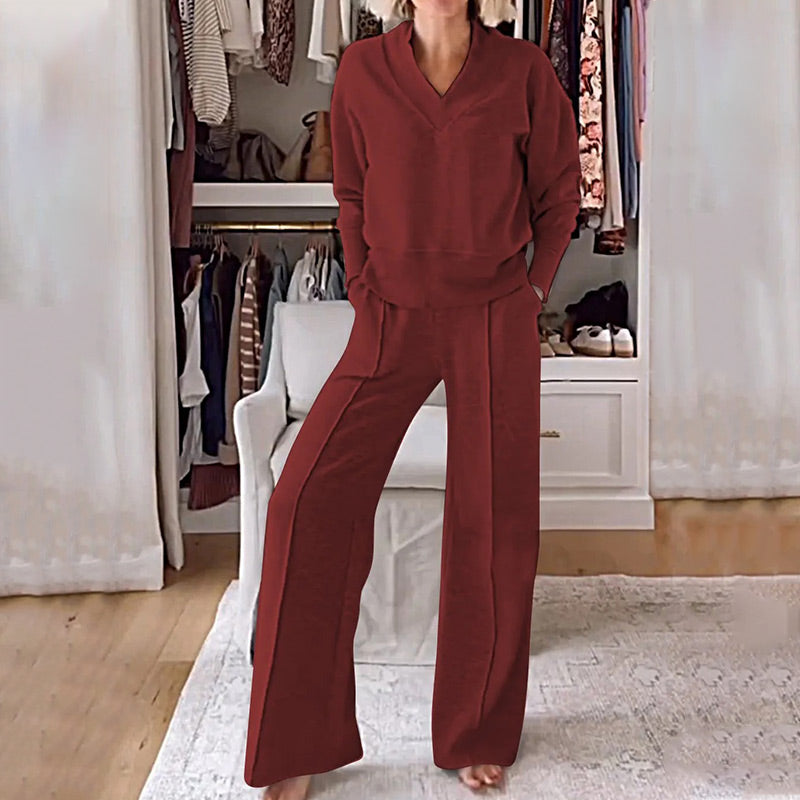 🎉50 % RABATT🥳Zweiteiliges Set aus Oberteil und Hose mit V-Ausschnitt in Volltonfarbe für Damen