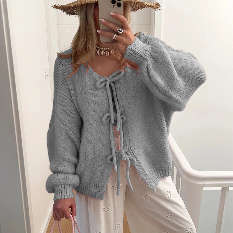 ✨Heißer Verkauf🔥Damen-Strickpullover mit langen Ärmeln und Schleife vorne✈️kostenloser Versand