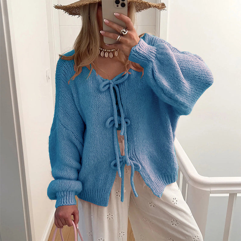 ✨Heißer Verkauf🔥Damen-Strickpullover mit langen Ärmeln und Schleife vorne✈️kostenloser Versand