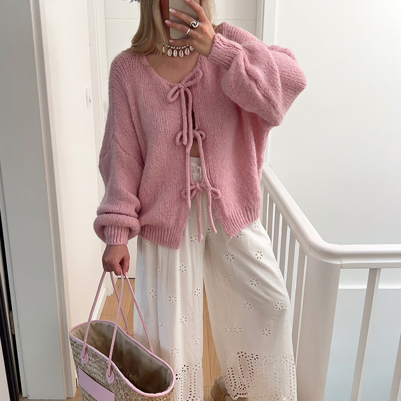 ✨Heißer Verkauf🔥Damen-Strickpullover mit langen Ärmeln und Schleife vorne✈️kostenloser Versand