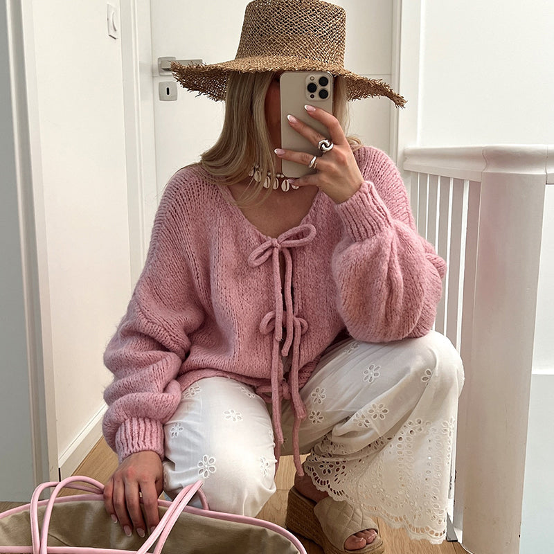 ✨Heißer Verkauf🔥Damen-Strickpullover mit langen Ärmeln und Schleife vorne✈️kostenloser Versand