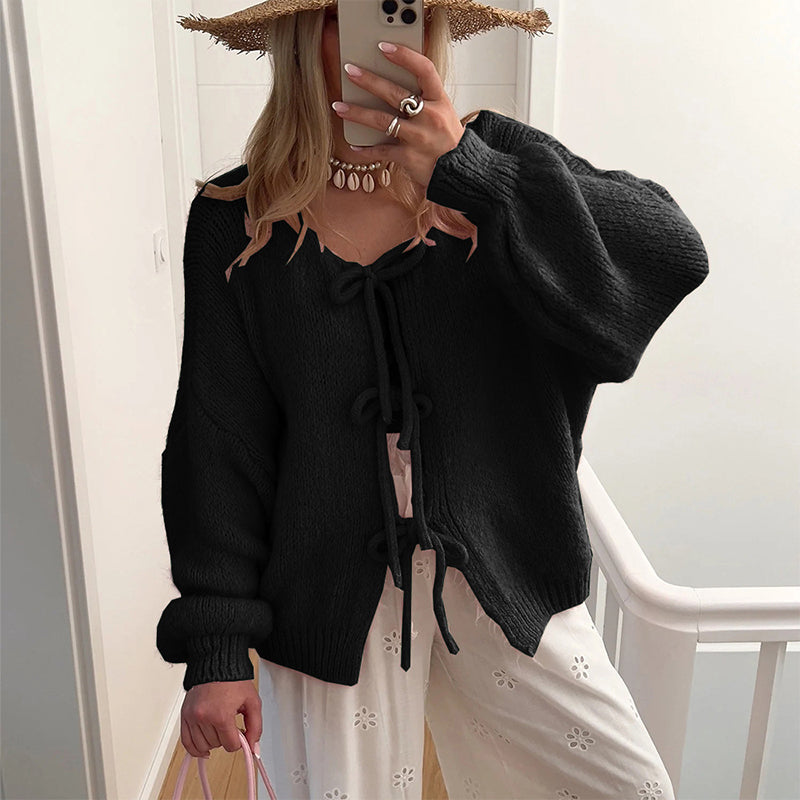 ✨Heißer Verkauf🔥Damen-Strickpullover mit langen Ärmeln und Schleife vorne✈️kostenloser Versand