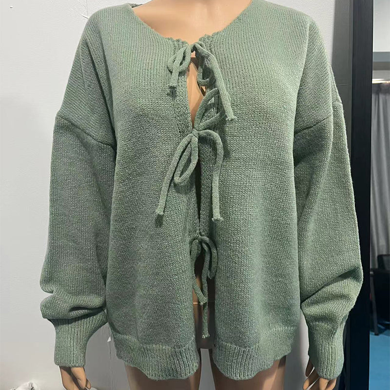 ✨Heißer Verkauf🔥Damen-Strickpullover mit langen Ärmeln und Schleife vorne✈️kostenloser Versand