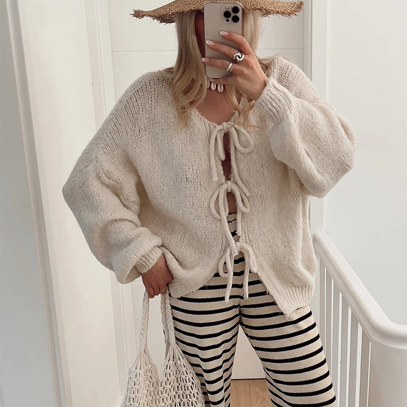 ✨Heißer Verkauf🔥Damen-Strickpullover mit langen Ärmeln und Schleife vorne✈️kostenloser Versand