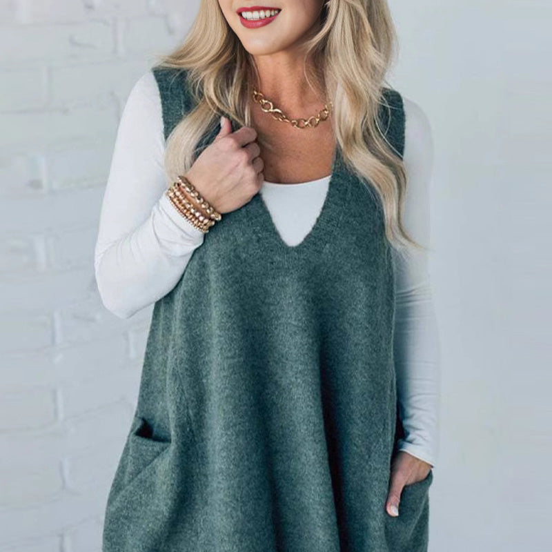 Damen Pullover-Weste mit V-Ausschnitt und Taschen