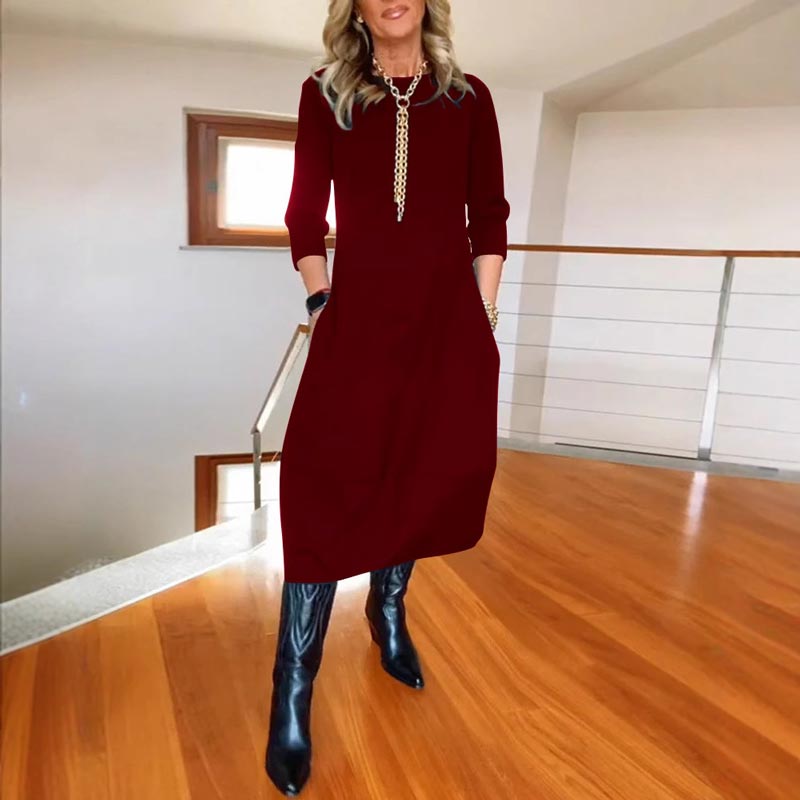 Mehrfarbige midi-lange Casual-Kleid (3/4-Arm Taschen Straight-Cut Kleid)