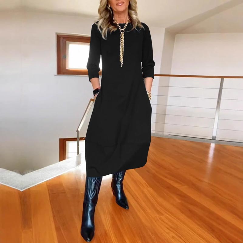 Mehrfarbige midi-lange Casual-Kleid (3/4-Arm Taschen Straight-Cut Kleid)