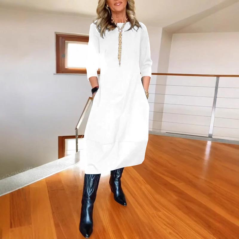 Mehrfarbige midi-lange Casual-Kleid (3/4-Arm Taschen Straight-Cut Kleid)