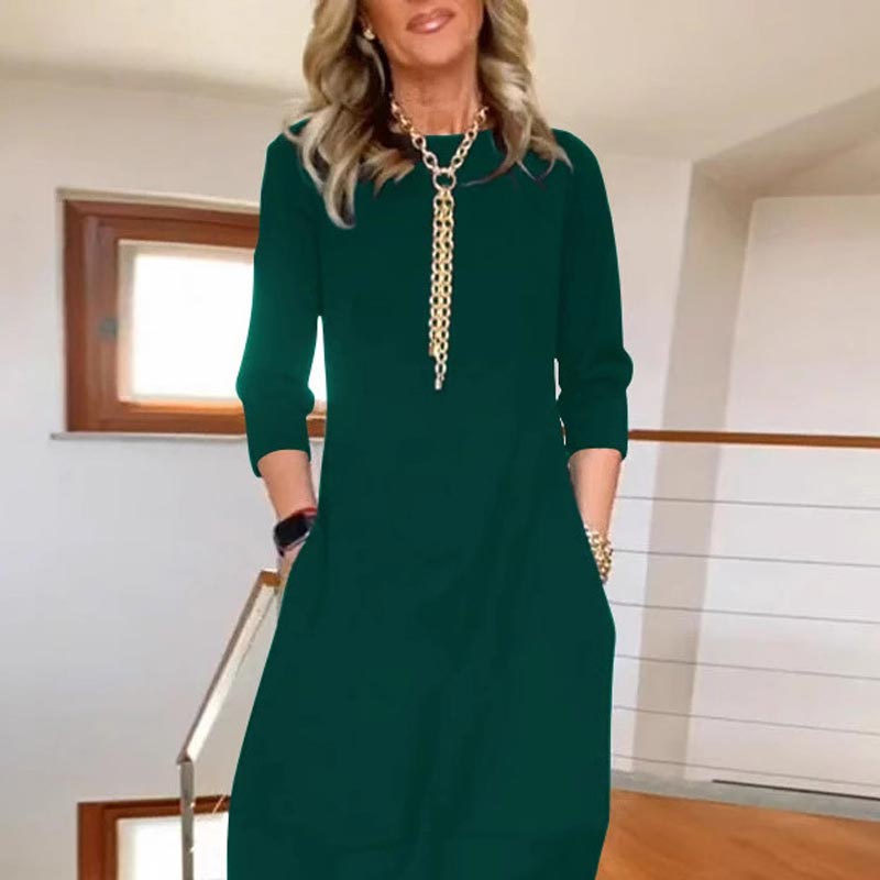 Mehrfarbige midi-lange Casual-Kleid (3/4-Arm Taschen Straight-Cut Kleid)