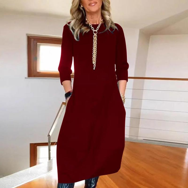Mehrfarbige midi-lange Casual-Kleid (3/4-Arm Taschen Straight-Cut Kleid)