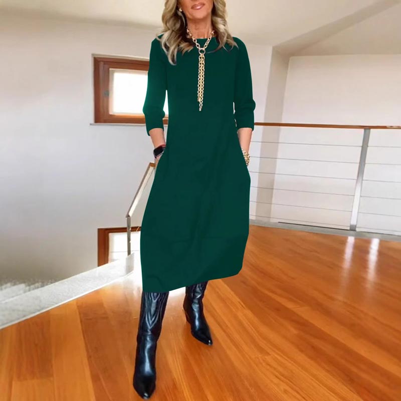 Mehrfarbige midi-lange Casual-Kleid (3/4-Arm Taschen Straight-Cut Kleid)
