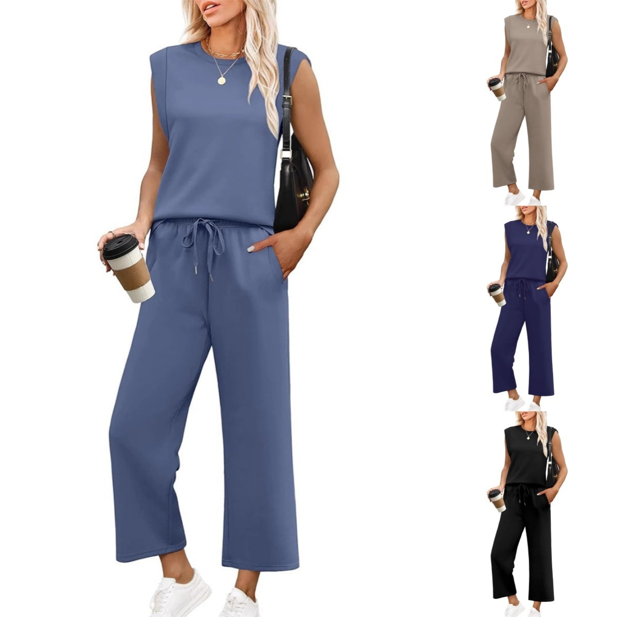🌺2025 Neu eingetroffen🌺2025 Neue Frauen Casual Cap Sleeve Top Wide Leg Crop Pants Zweiteilige Sets