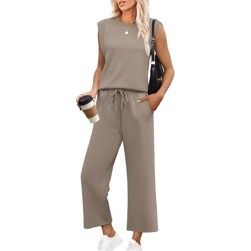 🌺2025 Neu eingetroffen🌺2025 Neue Frauen Casual Cap Sleeve Top Wide Leg Crop Pants Zweiteilige Sets