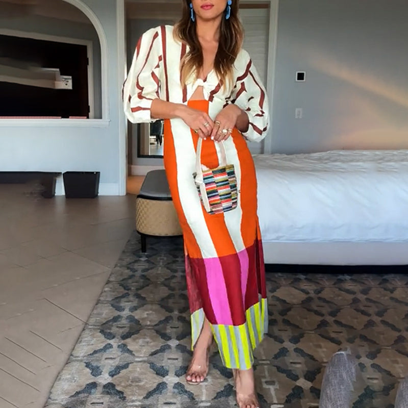 Kaya – Maxikleid aus Leinenmischung mit Farbblockdruck, Cut-out-Knoten und Puffärmeln vorne