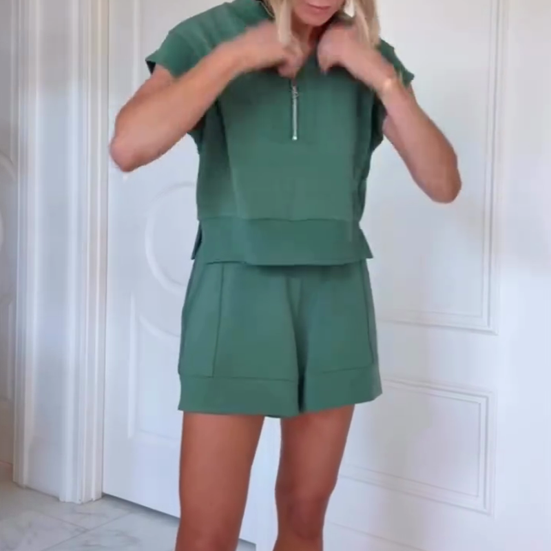 Buttery Touch Kurzarm-Sweatshirt mit halbem Reißverschluss und lässigem Shorts-Set mit elastischer Taillentasche