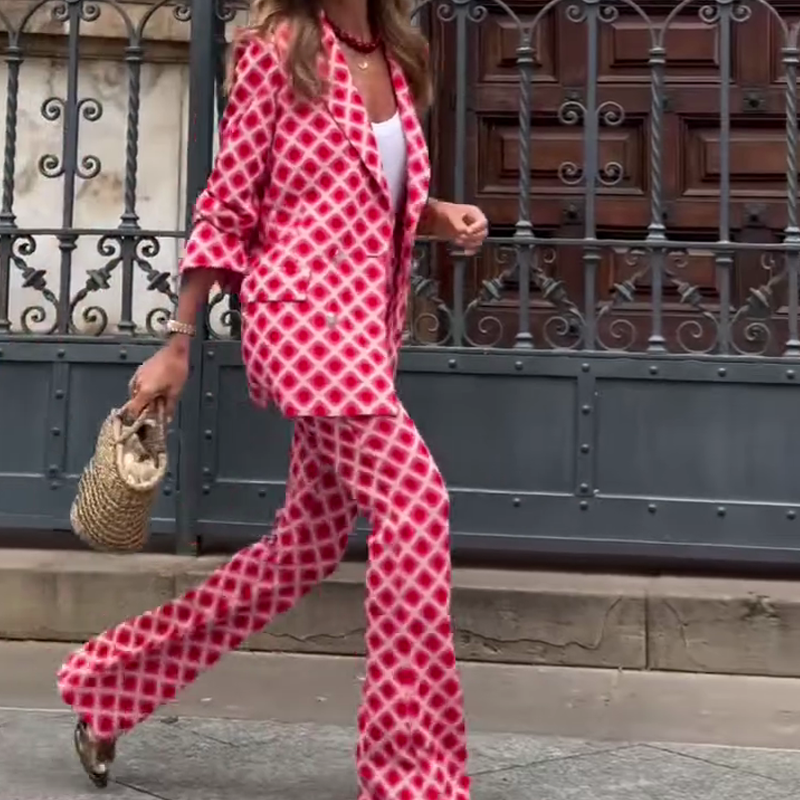 Modisches pink kariertes Set für Damen – Blazer und Hose