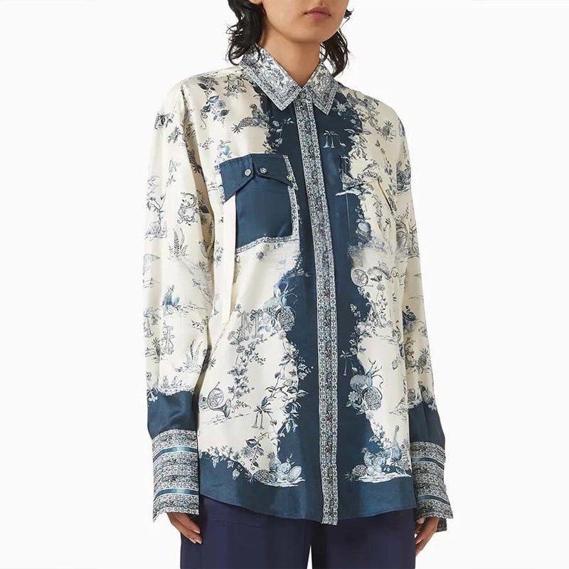 Elegante, locker sitzende Oversized-Damenbluse mit Print und Kontrastfarbe