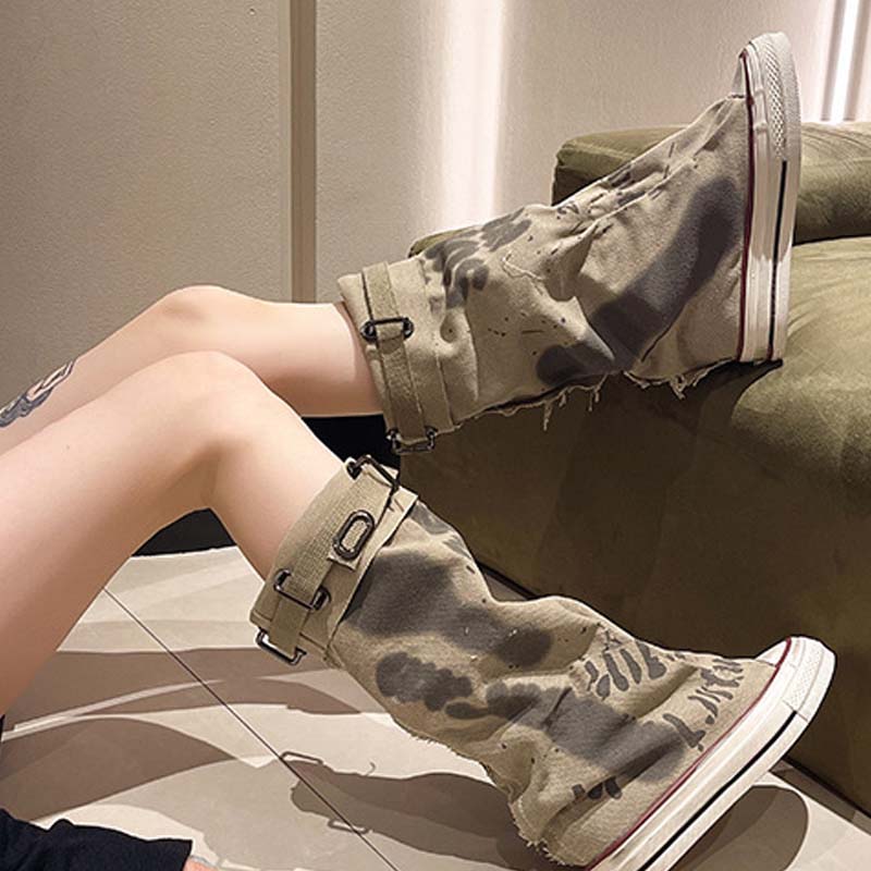 💗LETZTER TAG AKTION - 50% RABATT💗Flache Retro-Stiefel aus Canvas mit mittlerem Schaft für Damen