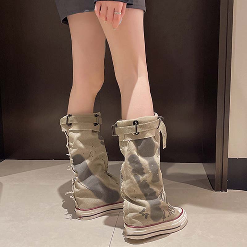 💗LETZTER TAG AKTION - 50% RABATT💗Flache Retro-Stiefel aus Canvas mit mittlerem Schaft für Damen