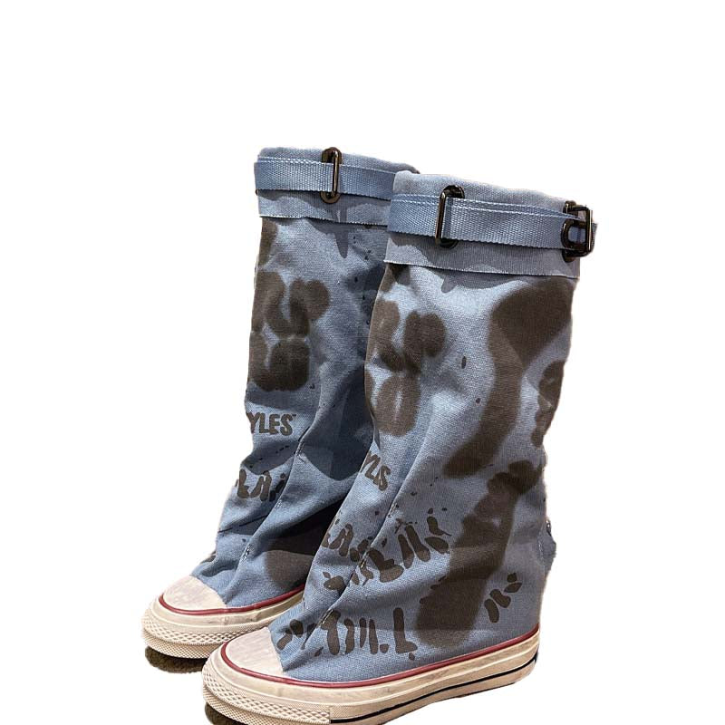 💗LETZTER TAG AKTION - 50% RABATT💗Flache Retro-Stiefel aus Canvas mit mittlerem Schaft für Damen