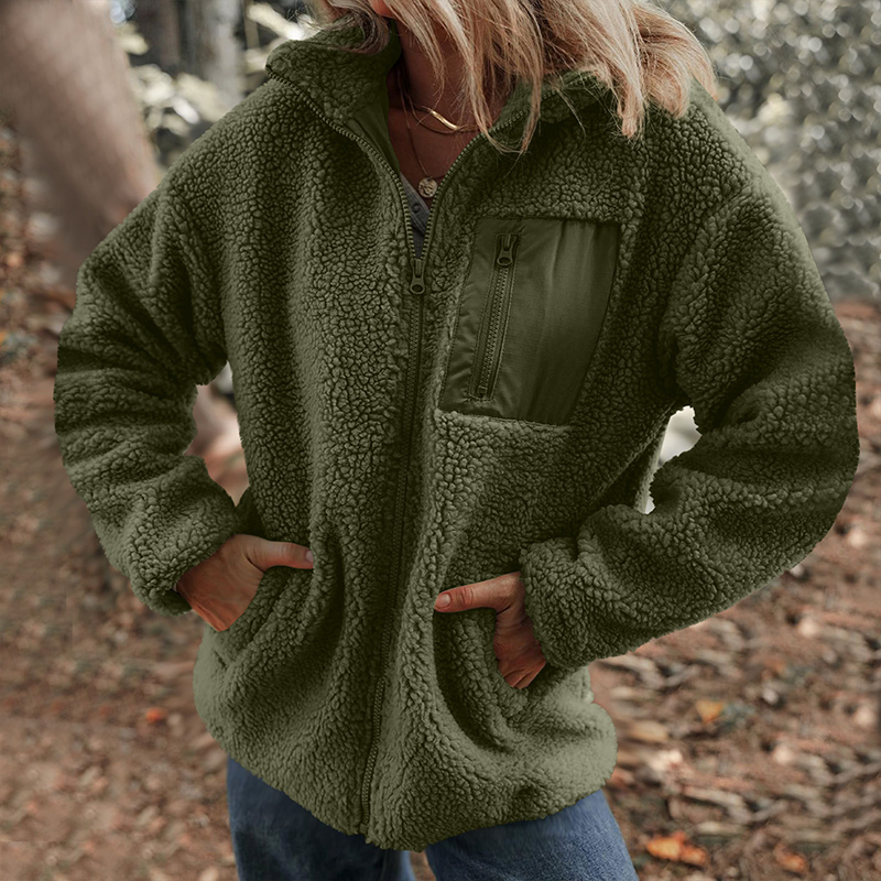 Damen warme Jacke mit Reißverschluss und Brusttasche