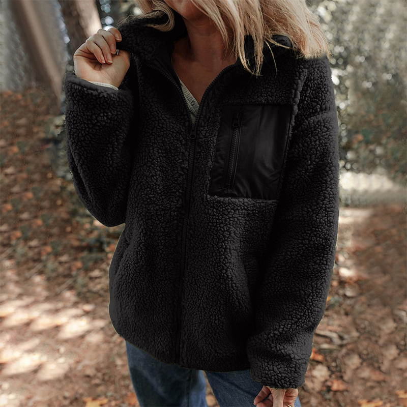 Damen warme Jacke mit Reißverschluss und Brusttasche