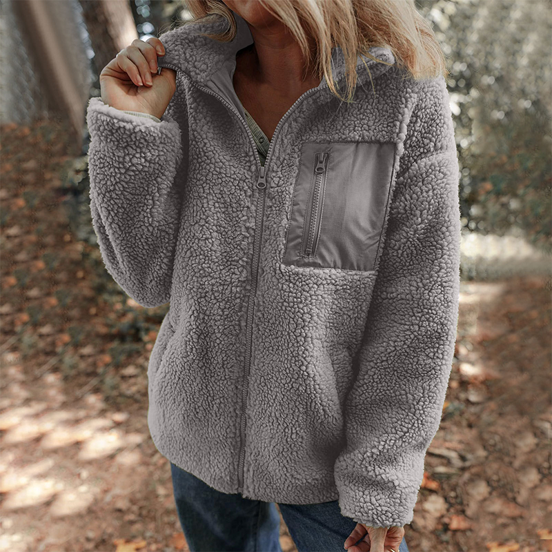 Damen warme Jacke mit Reißverschluss und Brusttasche