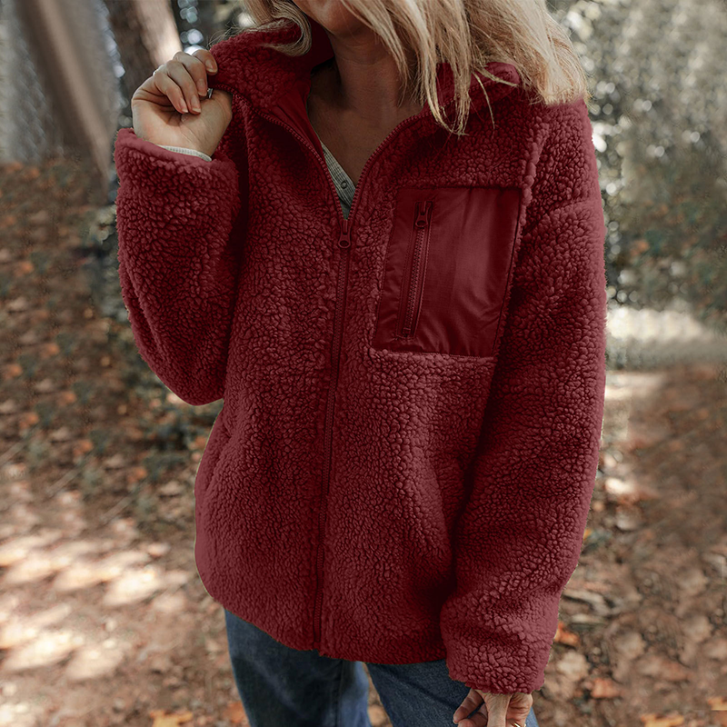 Damen warme Jacke mit Reißverschluss und Brusttasche