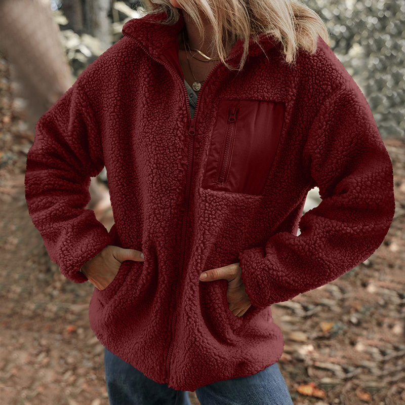 Damen warme Jacke mit Reißverschluss und Brusttasche