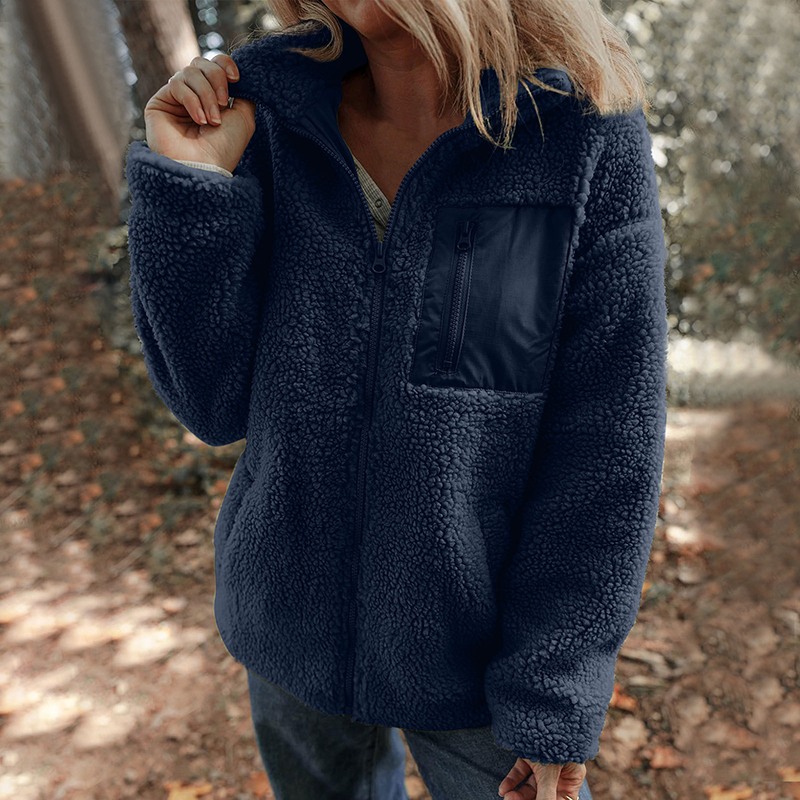 Damen warme Jacke mit Reißverschluss und Brusttasche