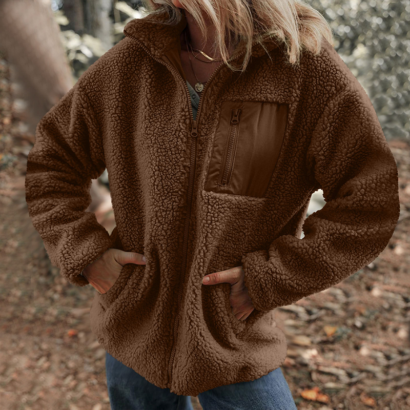 Damen warme Jacke mit Reißverschluss und Brusttasche