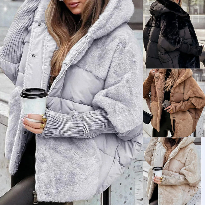 đ„Damen Oversized Pufferjacke mit Kapuze im Patchwork-Designđ„