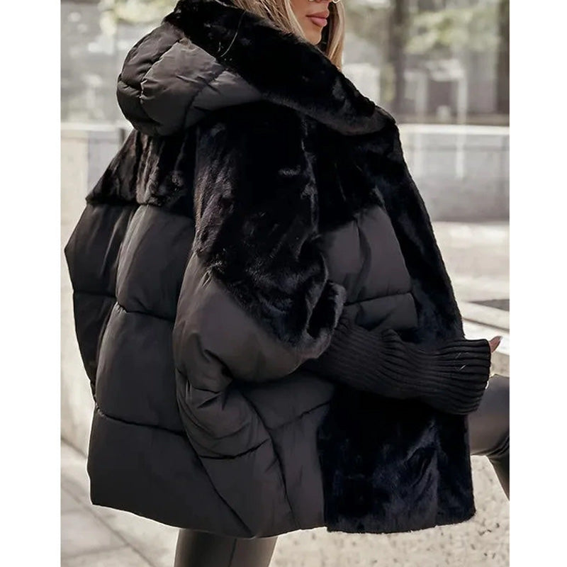 đ„Damen Oversized Pufferjacke mit Kapuze im Patchwork-Designđ„
