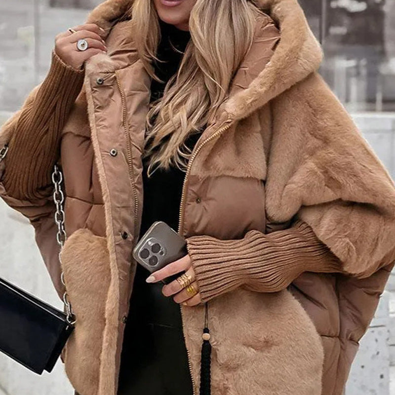 đ„Damen Oversized Pufferjacke mit Kapuze im Patchwork-Designđ„
