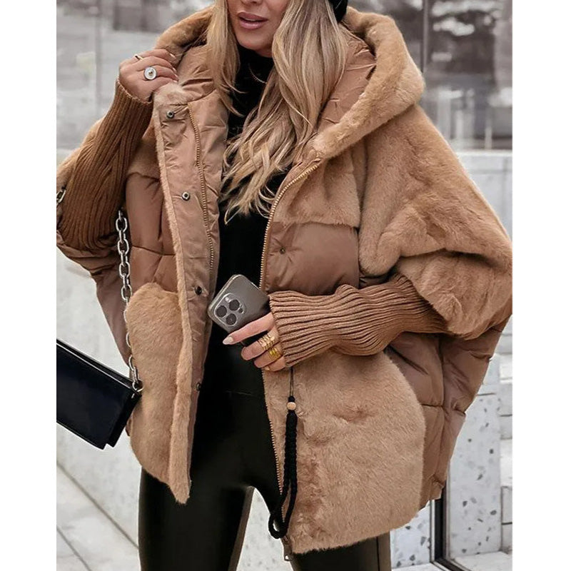 đ„Damen Oversized Pufferjacke mit Kapuze im Patchwork-Designđ„