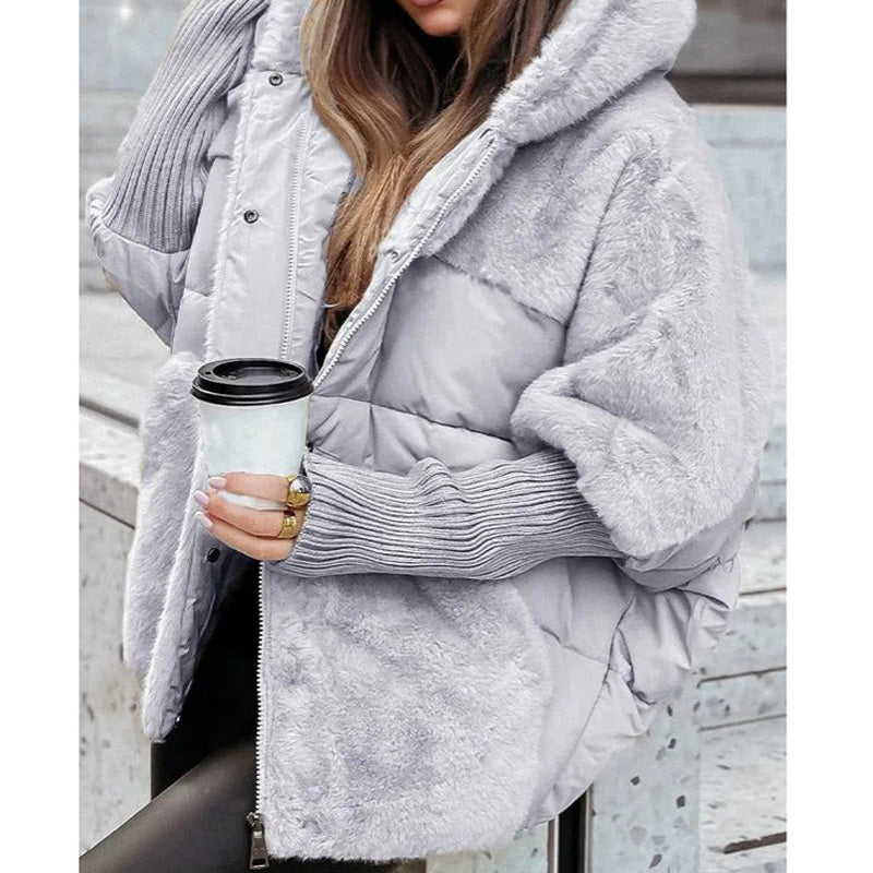 đ„Damen Oversized Pufferjacke mit Kapuze im Patchwork-Designđ„