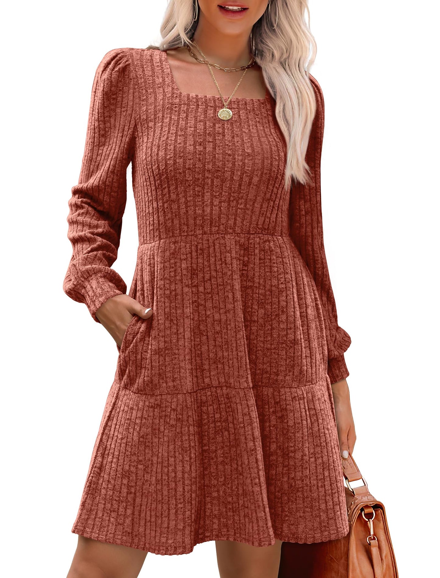 🍂Was soll ich morgen anziehen?⏰Women's Square Neck Lantern Sleeve Ribbed Dress|Glow in Autumnal Elegance!🍁