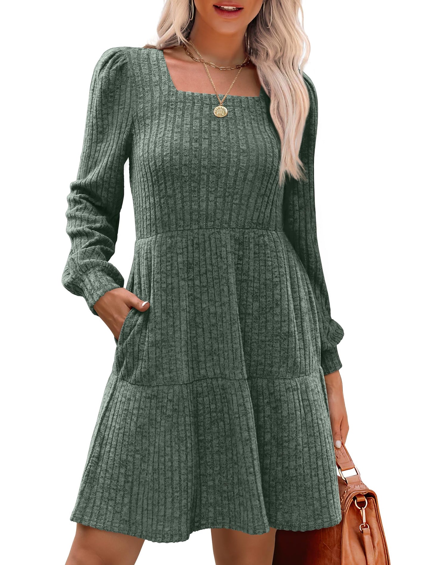 🍂Was soll ich morgen anziehen?⏰Women's Square Neck Lantern Sleeve Ribbed Dress|Glow in Autumnal Elegance!🍁