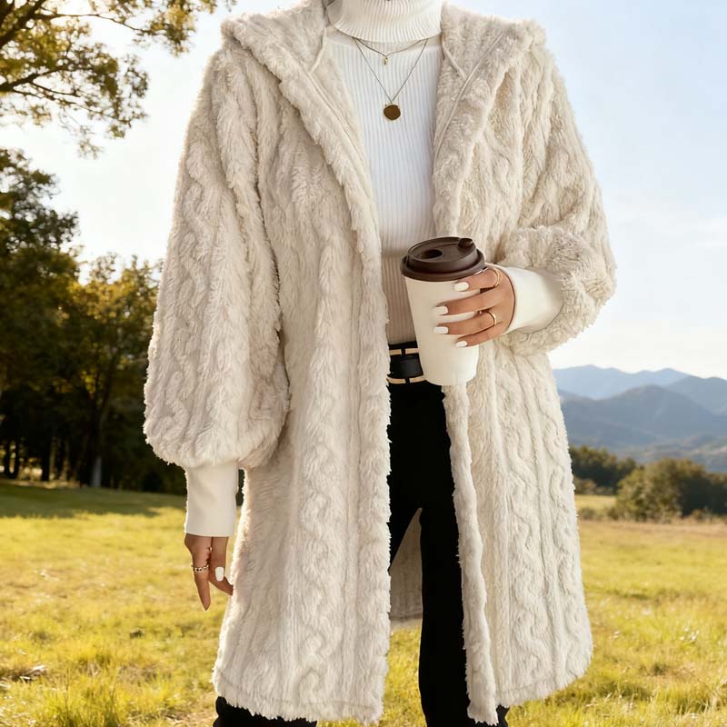 Damen weiche Plüschjacke in Midi-Länge mit Taschen