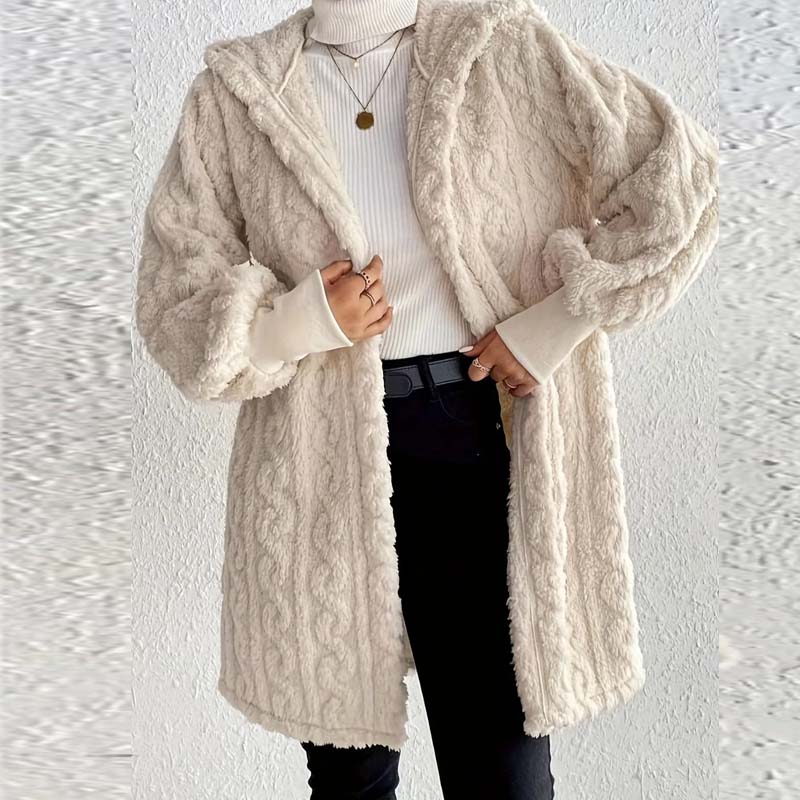 Damen weiche Plüschjacke in Midi-Länge mit Taschen