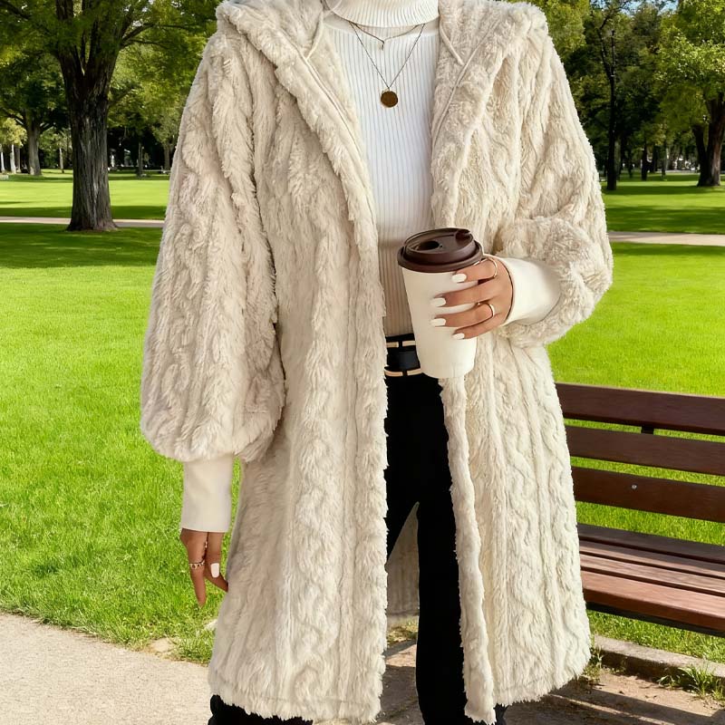 Damen weiche Plüschjacke in Midi-Länge mit Taschen