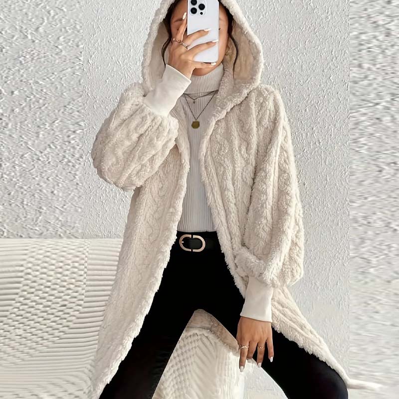 Damen weiche Plüschjacke in Midi-Länge mit Taschen