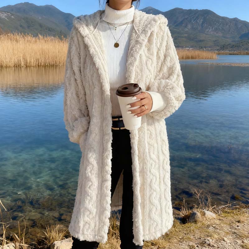 Damen weiche Plüschjacke in Midi-Länge mit Taschen