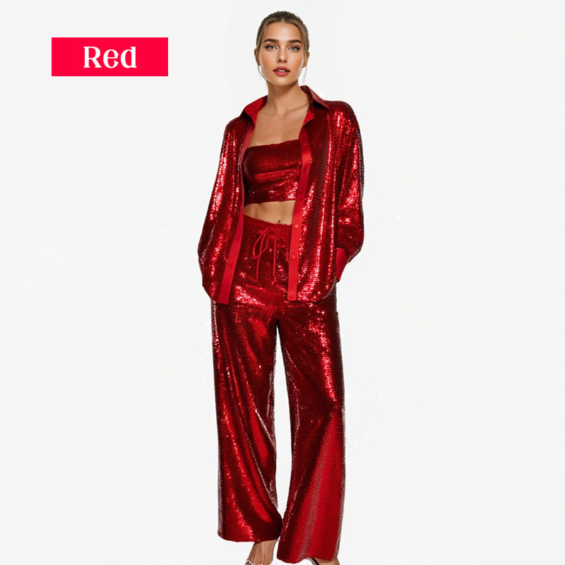 💕2025 HEISSER VERKAUF💐Paillettenblazer und weite Hose für Damen (3-teiliges Set)