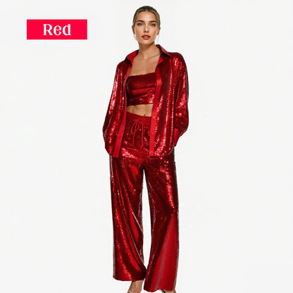💕2025 HEISSER VERKAUF💐Paillettenblazer und weite Hose für Damen (3-teiliges Set)