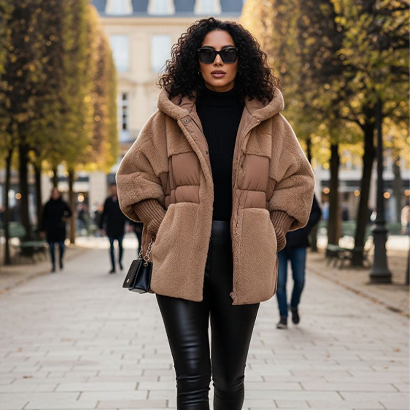 🔥Damen Oversized Pufferjacke mit Kapuze im Patchwork-Design🔥